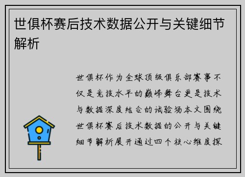 世俱杯赛后技术数据公开与关键细节解析